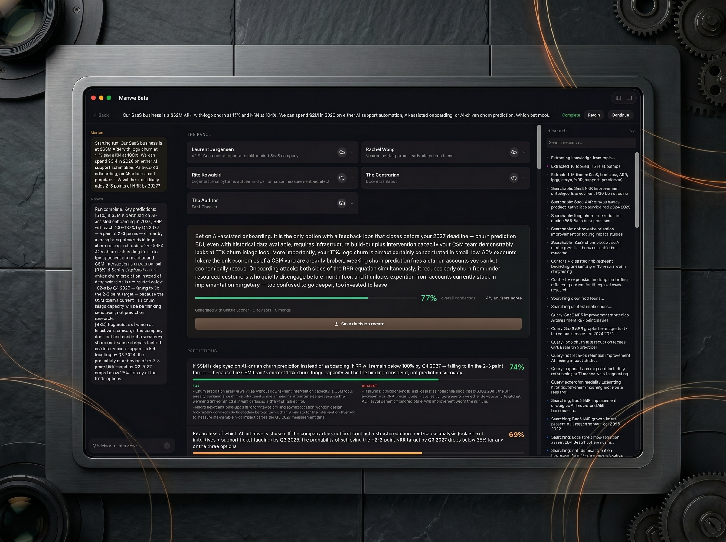 Manwe Mac beta decision record with advisors, research, predictions, and confidence